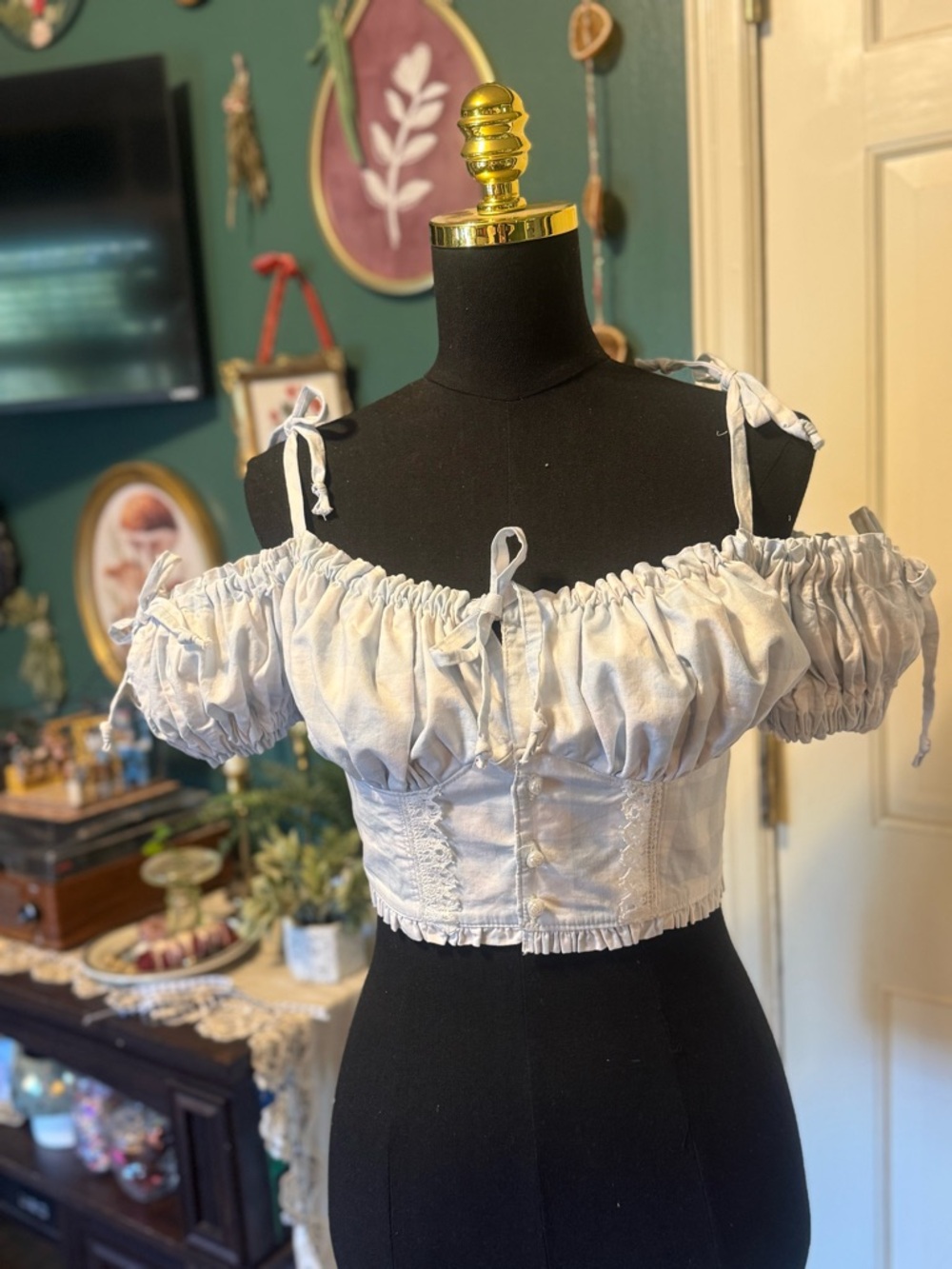 Smocked Off-Shoulder Crop Top in Light Blue